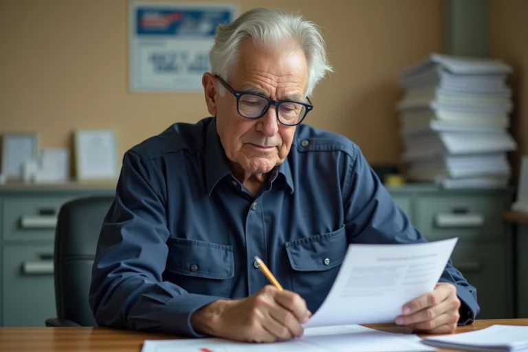 Agent postal à la retraite consultant ses documents de caisse de retraite PTT dans un bureau administratif
