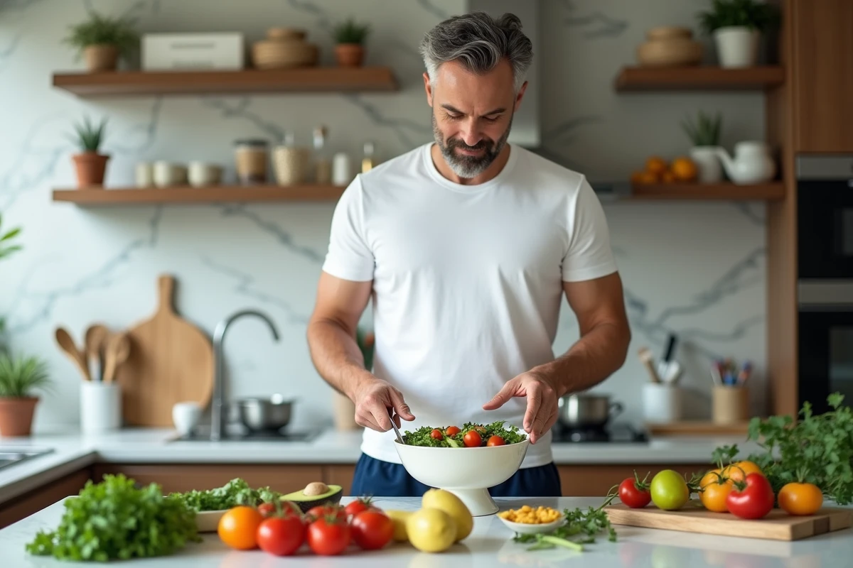 Homme préparant une salade saine dans une cuisine moderne pour une alimentation équilibrée