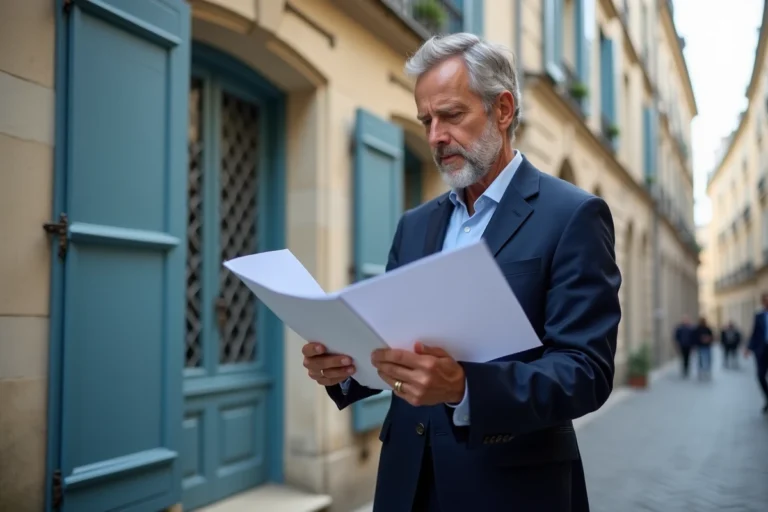 Architecte français examine un nuancier devant une maison parisienne