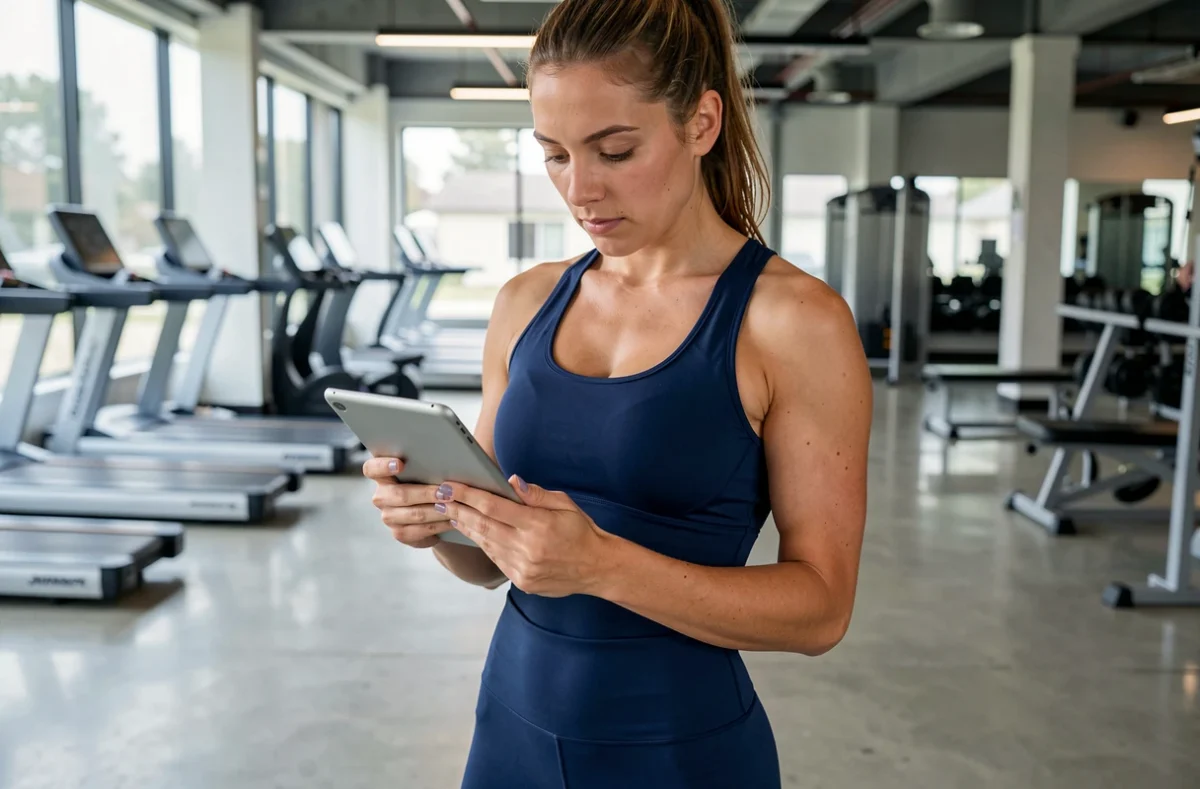 Athlète française analysant ses performances sportives sur une tablette dans un centre d'entraînement moderne