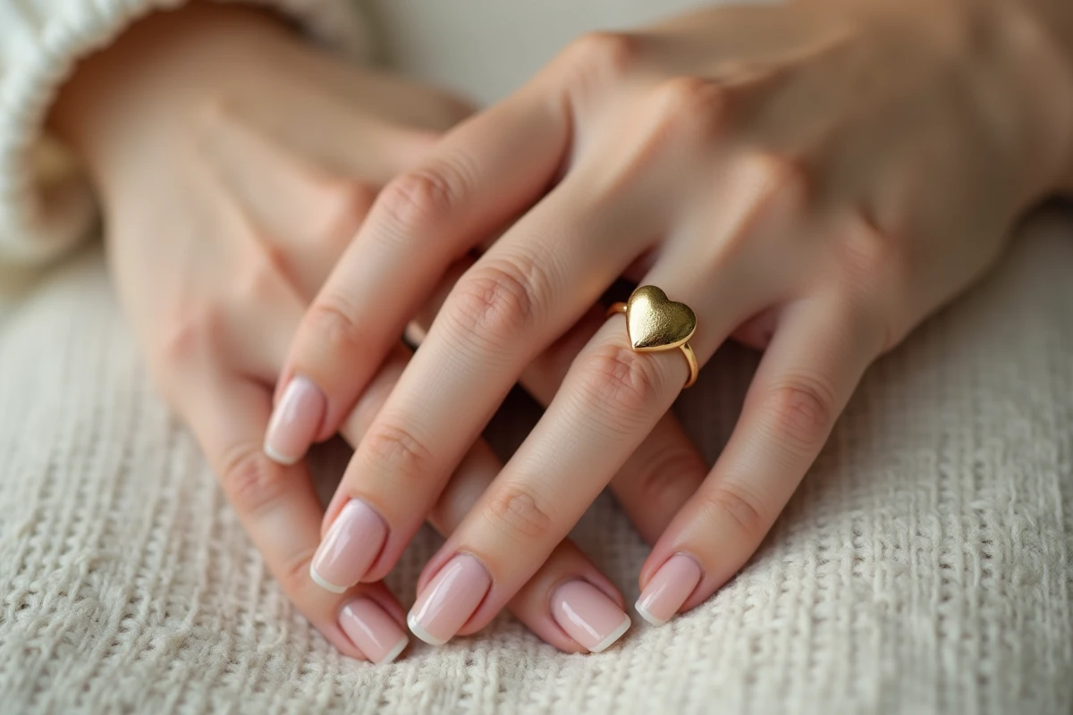 Zwei Hände, die jeweils einen passenden Herzring aus Gold tragen, Symbol der Freundschaft zwischen zwei Freundinnen