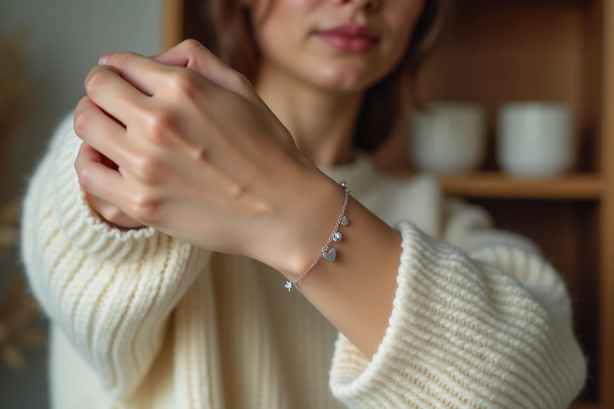 Modulares Armband mit personalisierten Charms aus Silber am Handgelenk, mit Anhängern in Form von Stern, Initiale und Mond