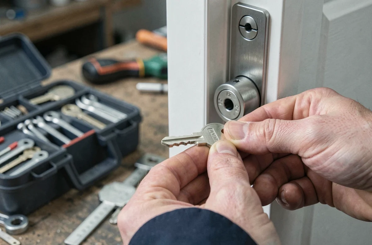 Gros plan sur une clé neuve et un cylindre de serrure multipoints lors d'une installation