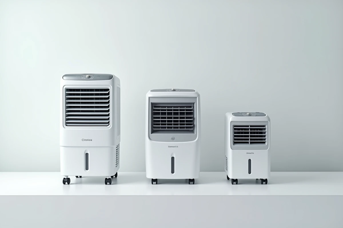 Comparatif de trois modèles de rafraîchisseurs d'air alignés sur fond gris studio pour un guide d'achat
