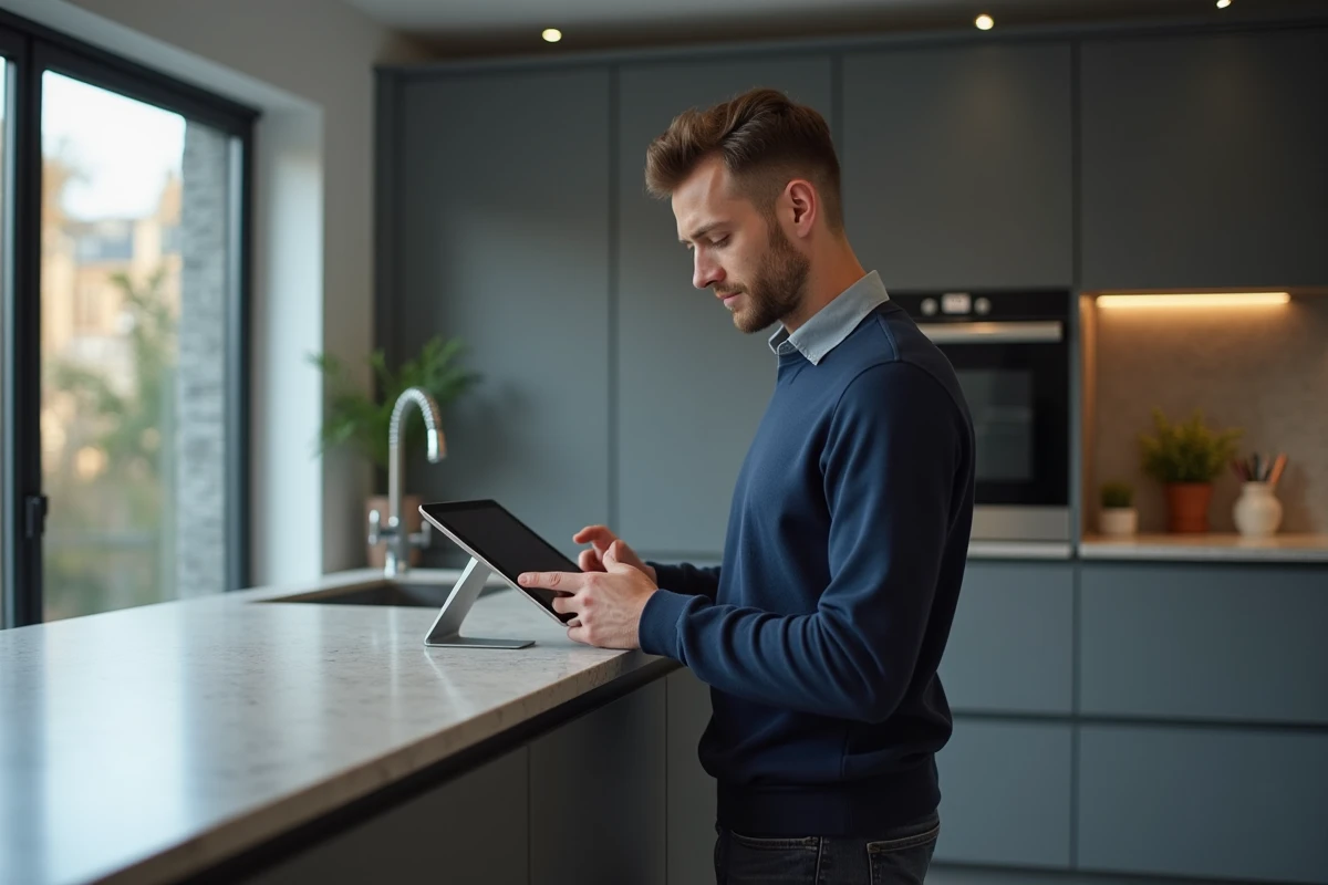 Propriétaire masculin accédant à son espace personnel de gestion locative sur tablette dans une cuisine moderne