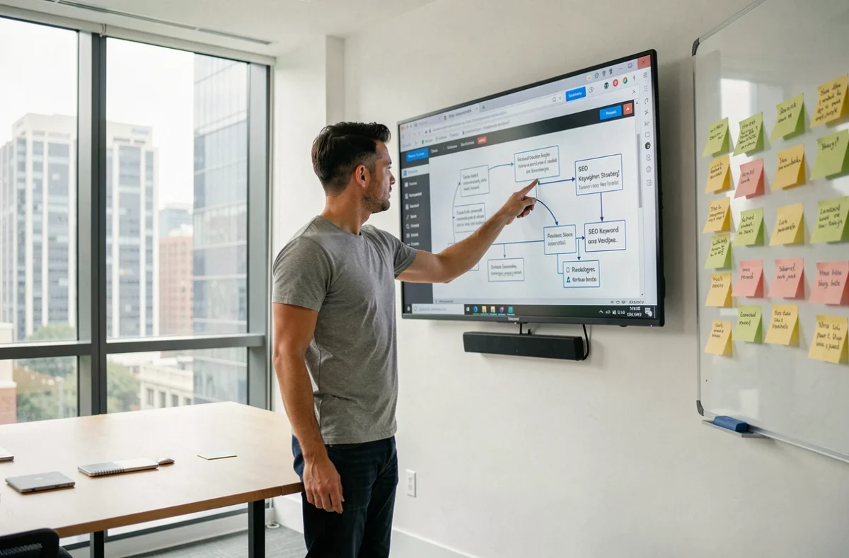 Consultant en agence web présentant une stratégie de référencement SEO et une refonte de site internet sur un grand écran dans un espace de coworking