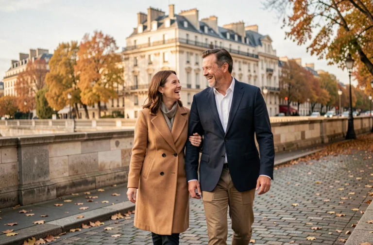 Couple amoureux se promenant au bord de la Seine à Paris en automne, partageant un moment de complicité et de rire