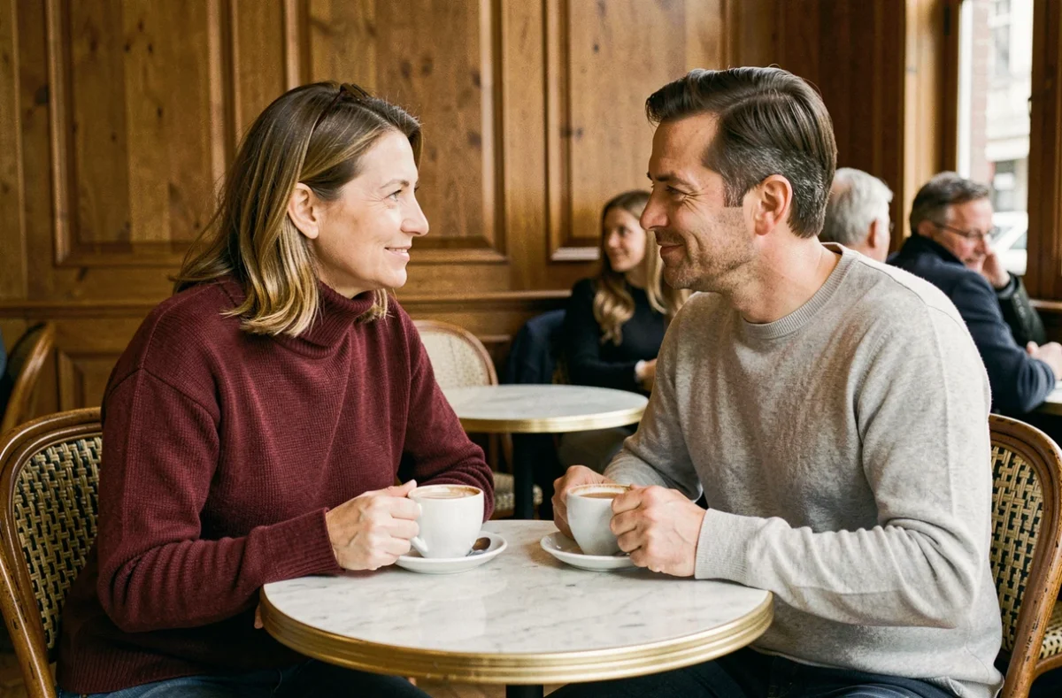 Couple complice attablé dans un bistrot parisien, partageant un café dans une ambiance chaleureuse et intime