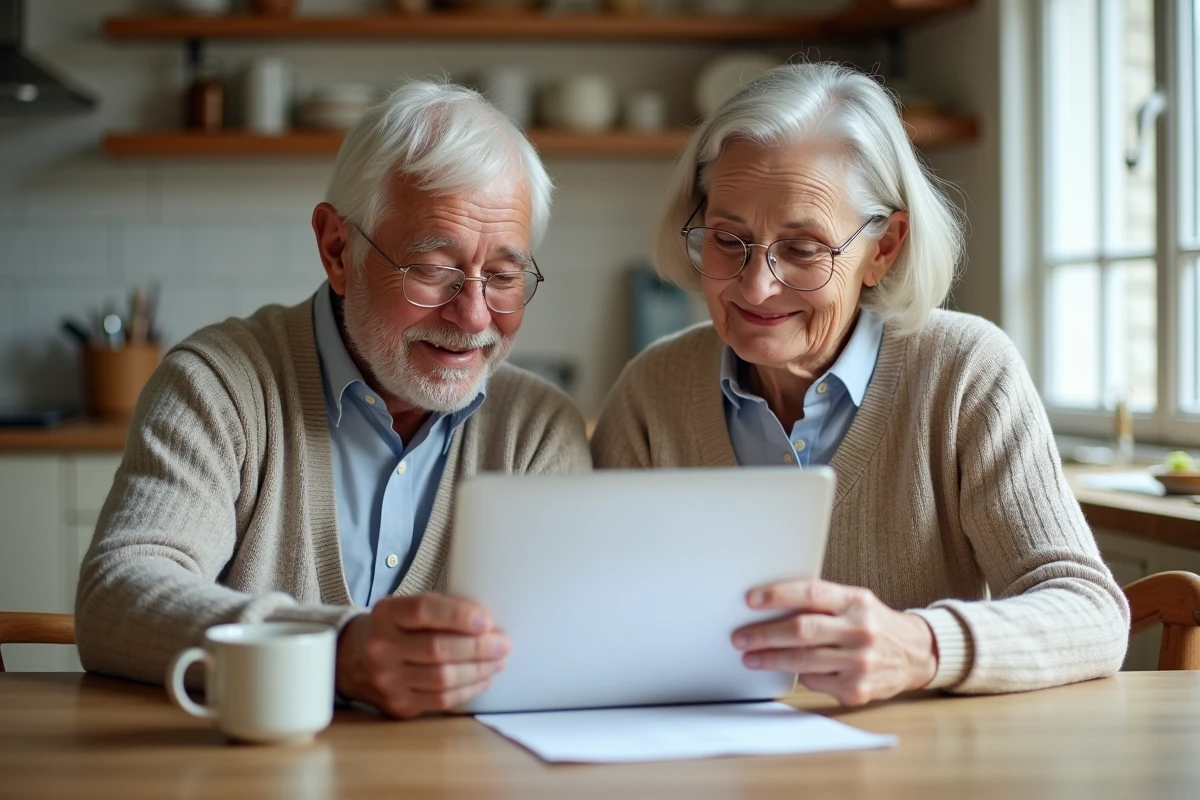 Couple de retraités PTT consultant leur relevé de pension et leurs droits à la retraite à domicile