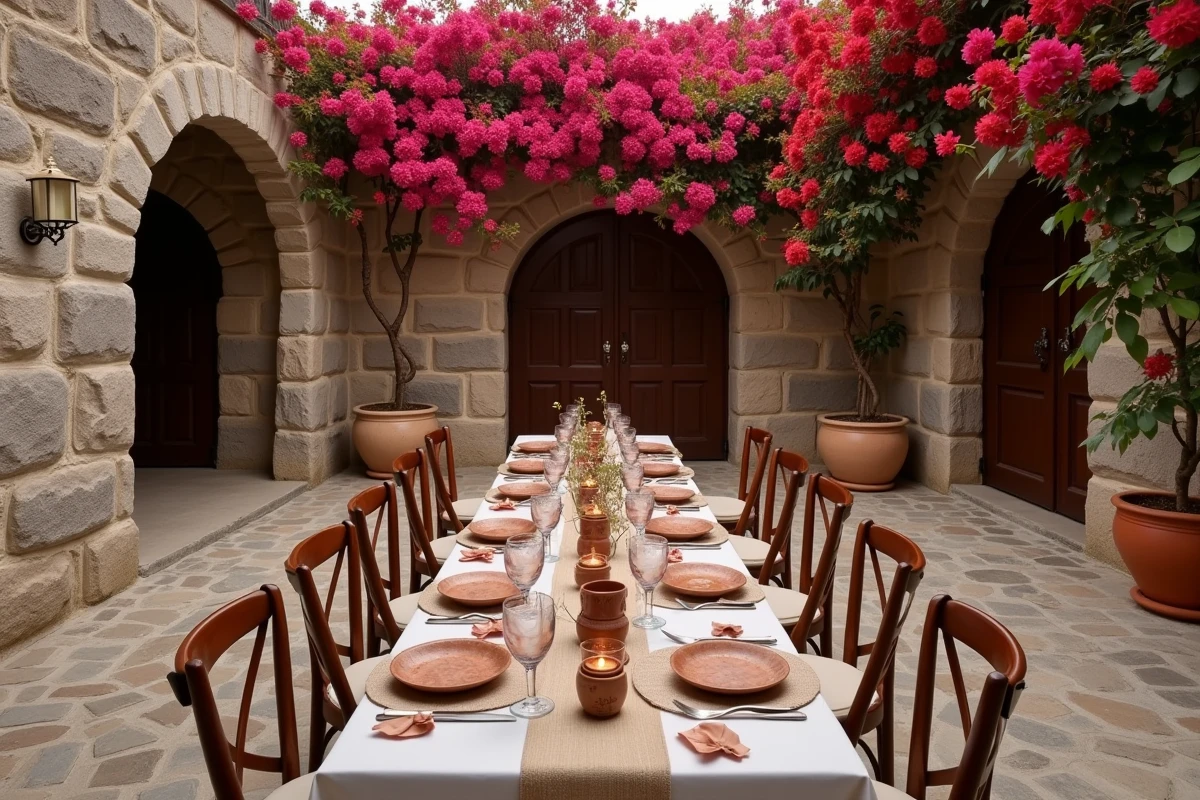 Table de réception de mariage décorée dans une cour coloniale traditionnelle au Cap Vert avec faïences artisanales et fleurs tropicales séchées