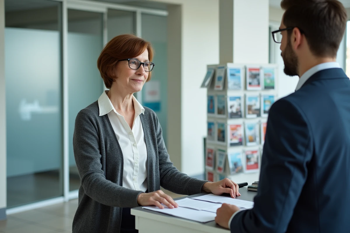 Femme en démarche auprès d'un conseiller de caisse de retraite PTT dans une agence administrative française