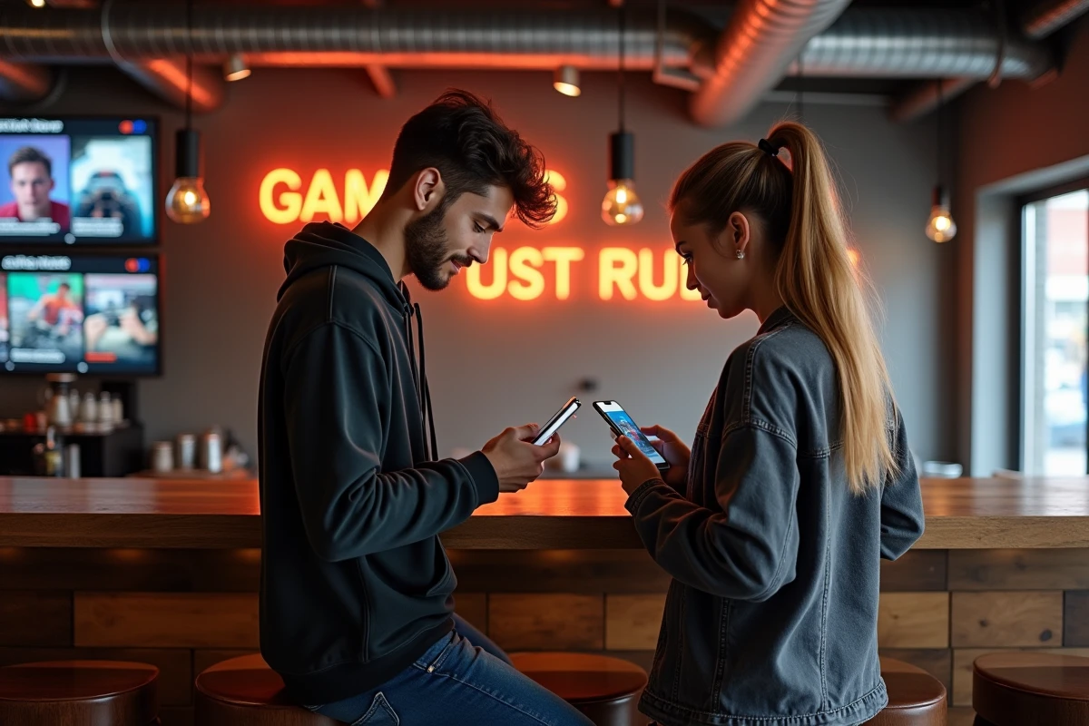 Deux personnes consultant des actualités high-tech et gaming sur leurs smartphones dans un café urbain tendance