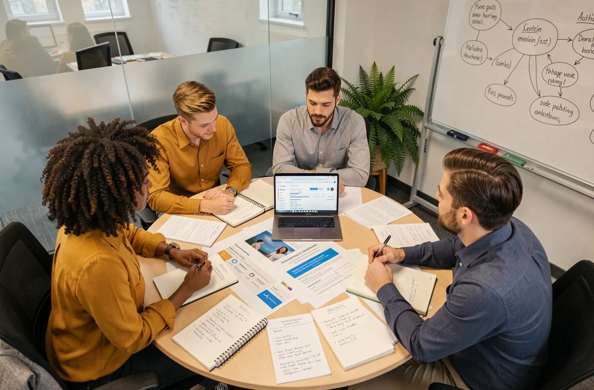 Équipe d'une agence web professionnelle collaborant autour de maquettes de site internet et de données SEO lors d'une réunion stratégique