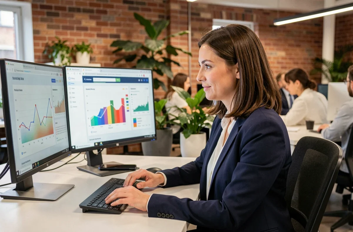 Experte en agence web analysant des tableaux de bord de performance et de visibilité en ligne sur deux écrans dans un bureau professionnel moderne