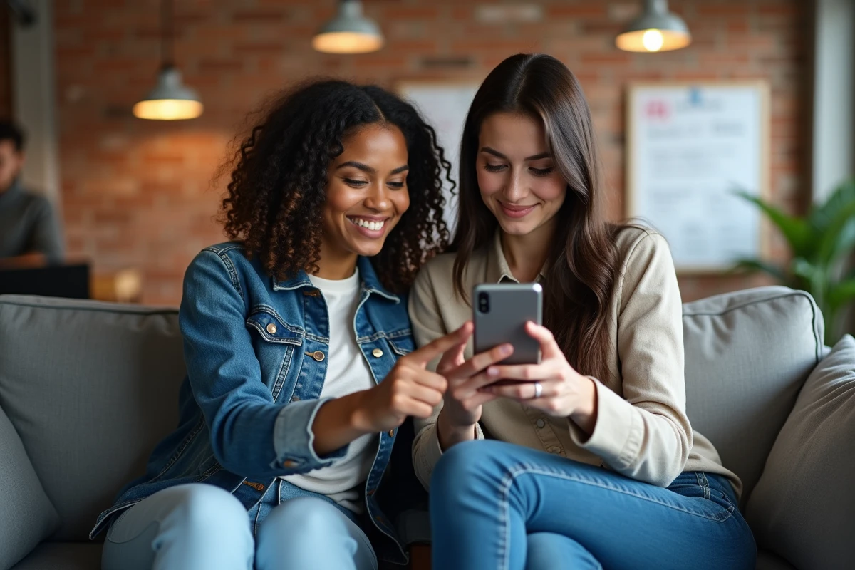 Deux collègues explorant ensemble les ressources et l'aide disponibles sur la plateforme Onflex via un smartphone