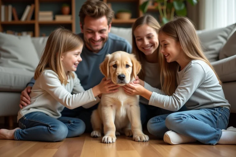 Famille accueillant un chiot golden retriever dans leur salon chaleureux