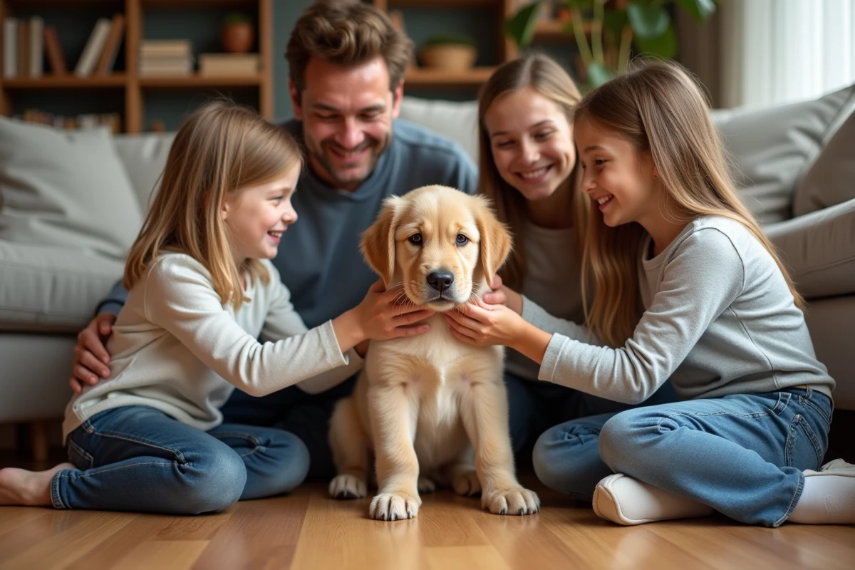 Famille accueillant un chiot golden retriever dans leur salon chaleureux