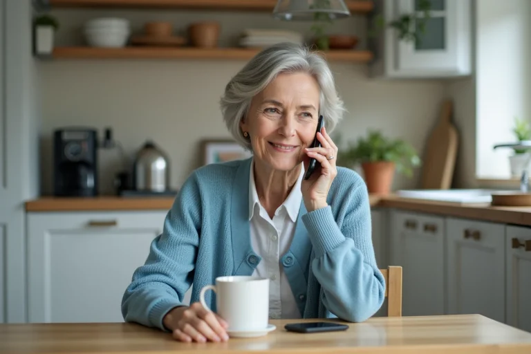 Femme agee souriante au téléphone dans la cuisine