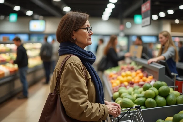 Femme d'âge moyen attend au supermarche avec panier