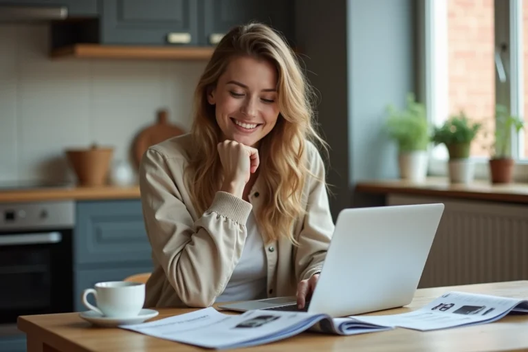 Femme souriante dans une cuisine moderne avec ordinateur et brochures
