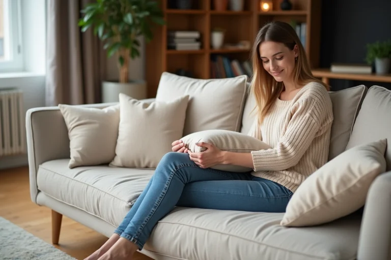 Femme arrangeant des coussins sur un canapé moderne et cosy