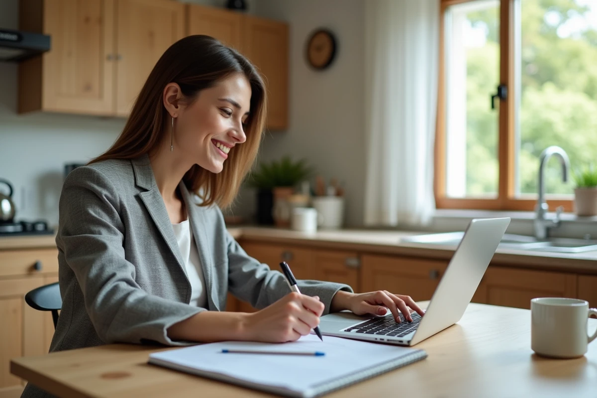 Jeune femme en tenue casual travaillant sur un ordinateur à la maison