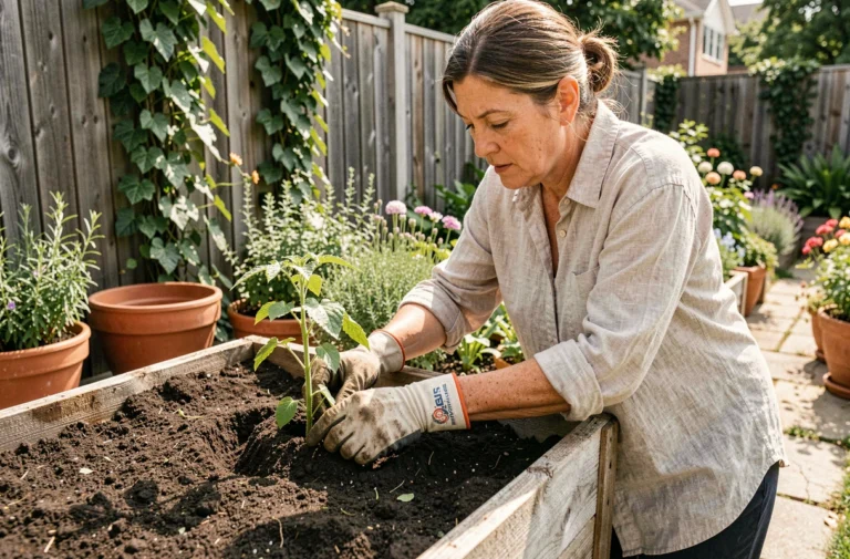 Femme jardinière qui transplante des semis dans un potager surélevé en bois au printemps
