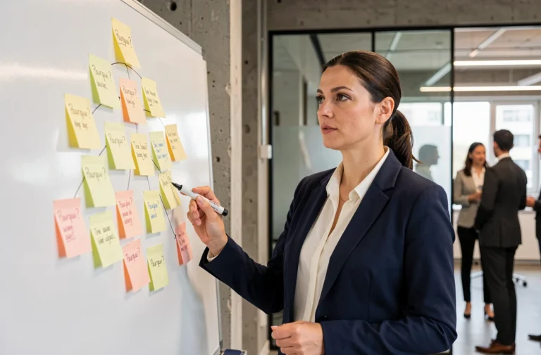 Femme analyste utilisant la méthode des 5 pourquoi sur un tableau blanc avec des post-it dans un bureau moderne