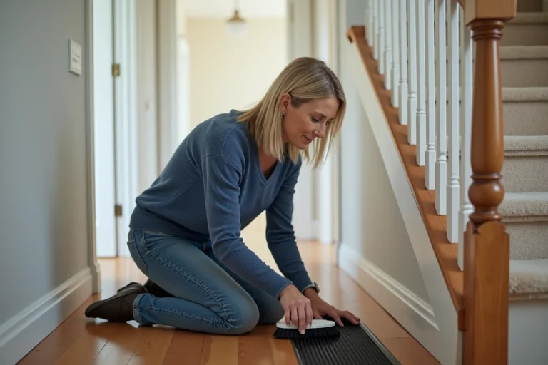 Femme nettoyant une rampe d'escalier intérieur avec brosse