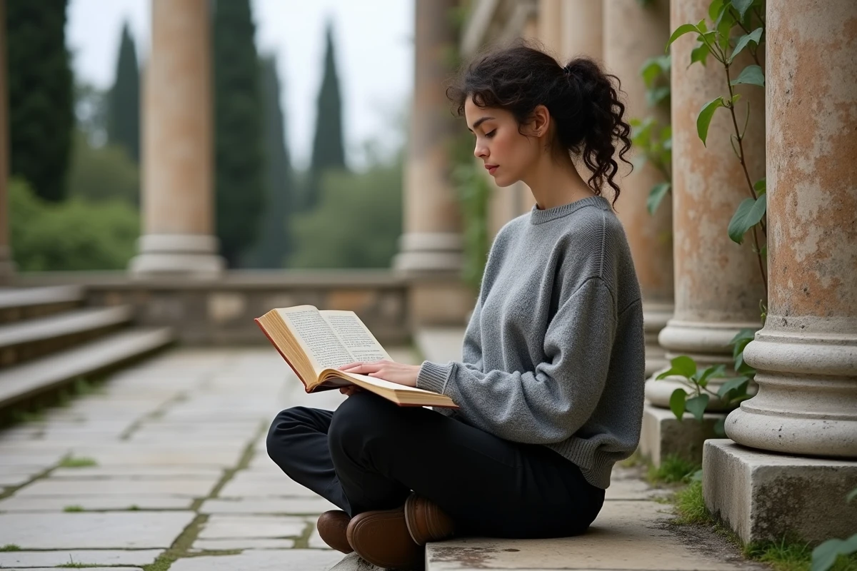 Jeune femme lisant un livre de philosophie dans un cloître aux colonnes de marbre antique, évoquant les origines grecques de la réflexion sur l'être