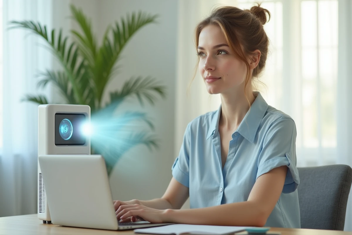 Femme utilisant un rafraîchisseur d'air portable sur son bureau à domicile pendant l'été