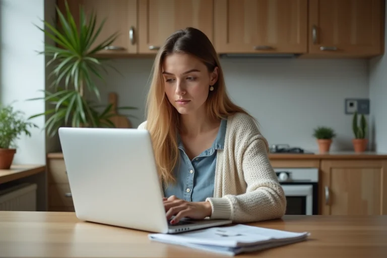 Jeune femme cherchant des biens immobiliers sur son ordinateur