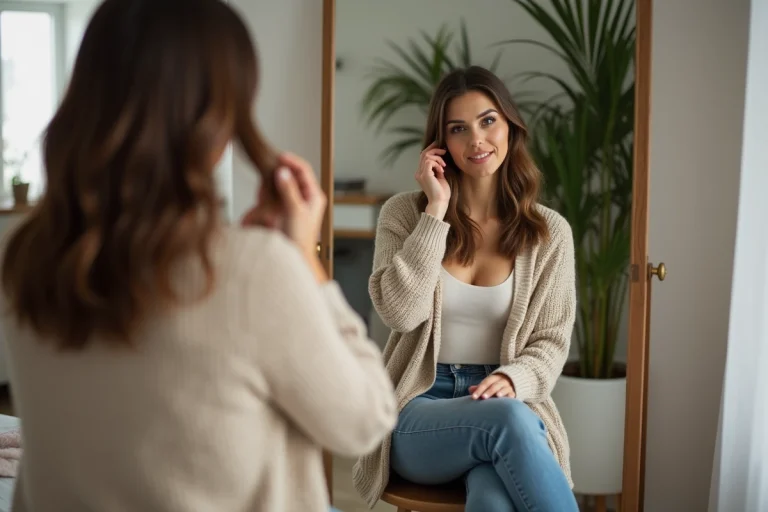 Femme souriante se coiffant dans un miroir de chambre