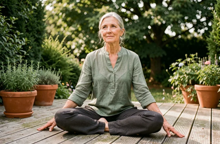 Femme de 60 ans pratiquant le yoga en plein air sur une terrasse en bois entourée de verdure, illustrant les bienfaits de l'activité physique douce pour bien vieillir