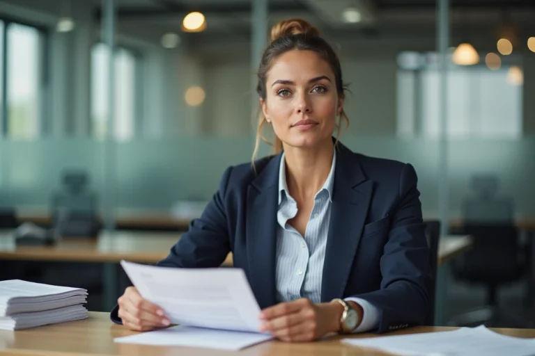 Femme en bureau signant un contrat professionnel