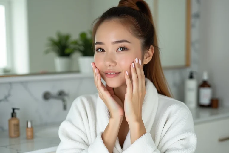 Femme appliquant un serum sur le visage dans une salle de bain moderne