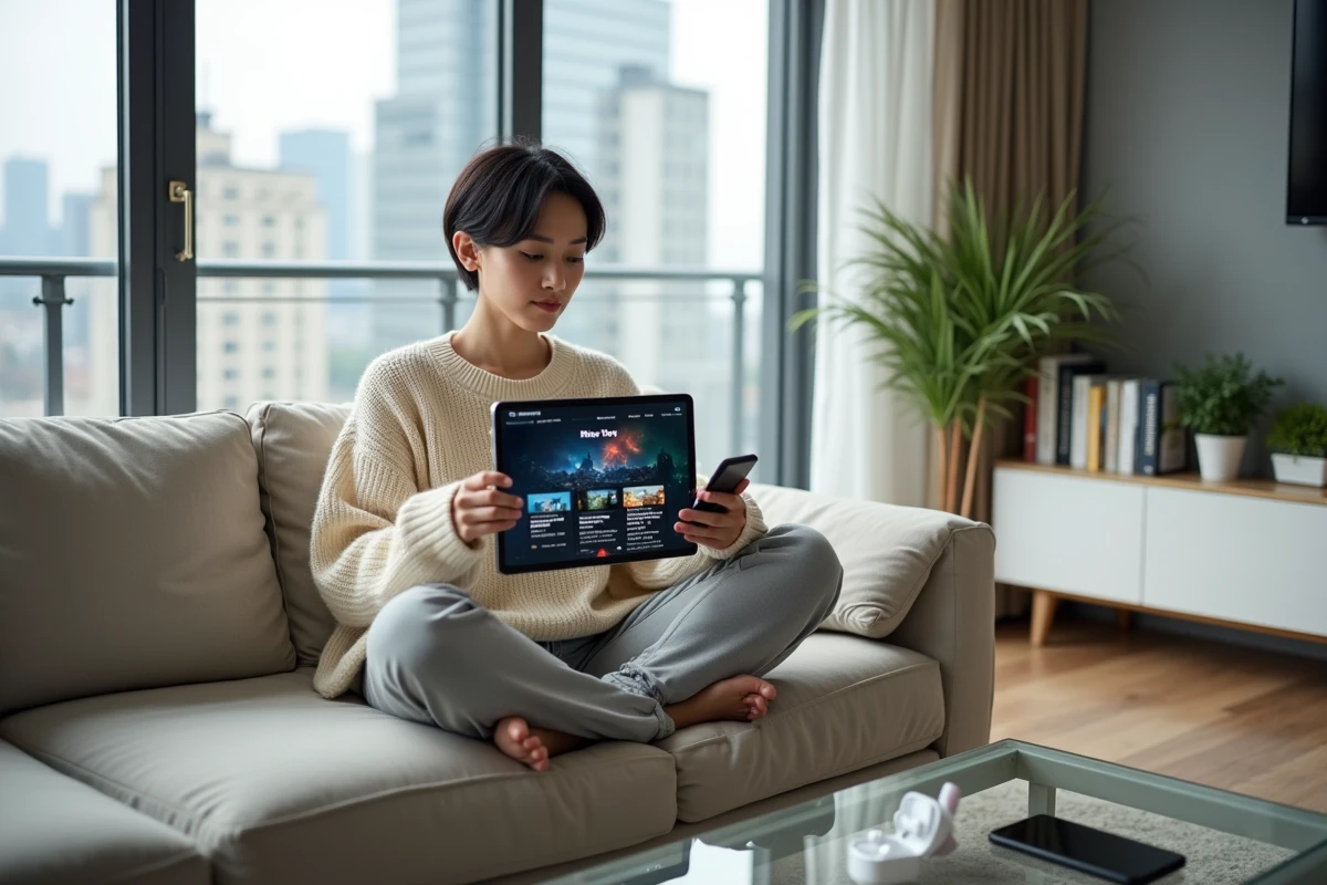 Femme lisant les actualités high-tech et gaming sur une tablette dans un salon moderne et lumineux