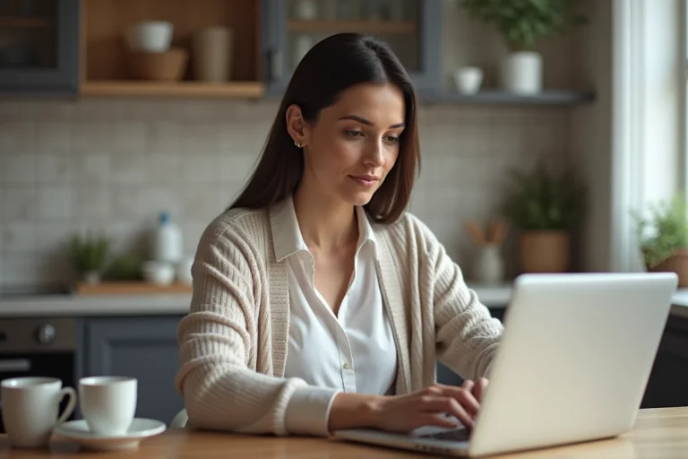 Femme en cardigan travaillant sur son ordinateur à la maison