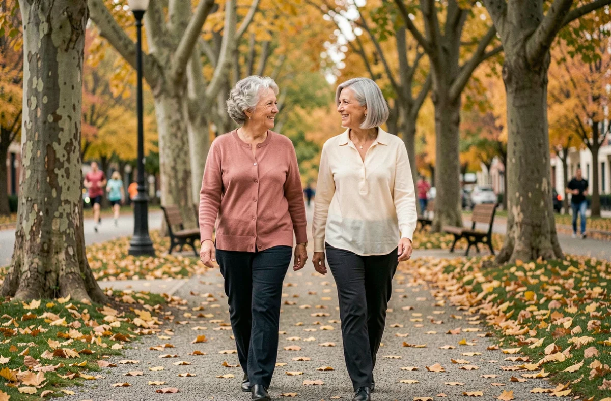 Deux femmes seniors marchant ensemble dans un parc urbain en automne, illustrant l'importance du lien social et de l'activité physique régulière pour préserver sa santé après 60 ans