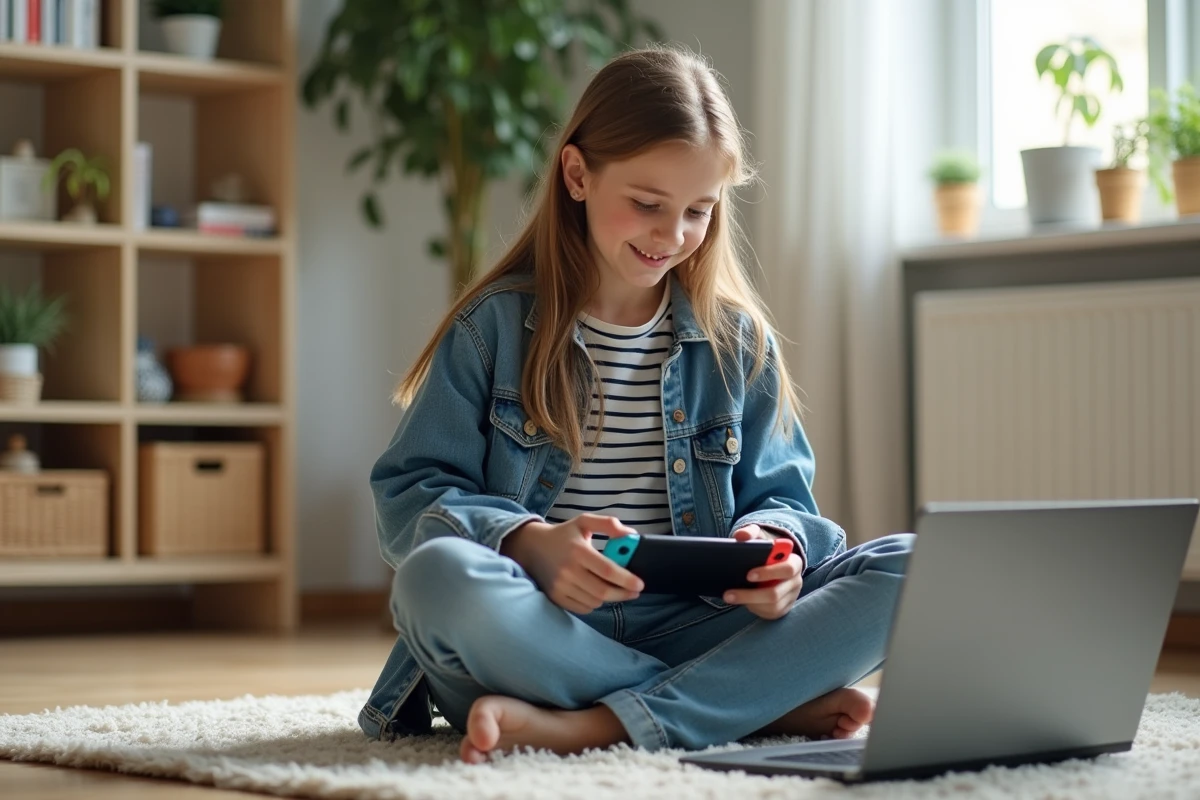 Fille insérant une microSD dans une Switch dans un salon lumineux