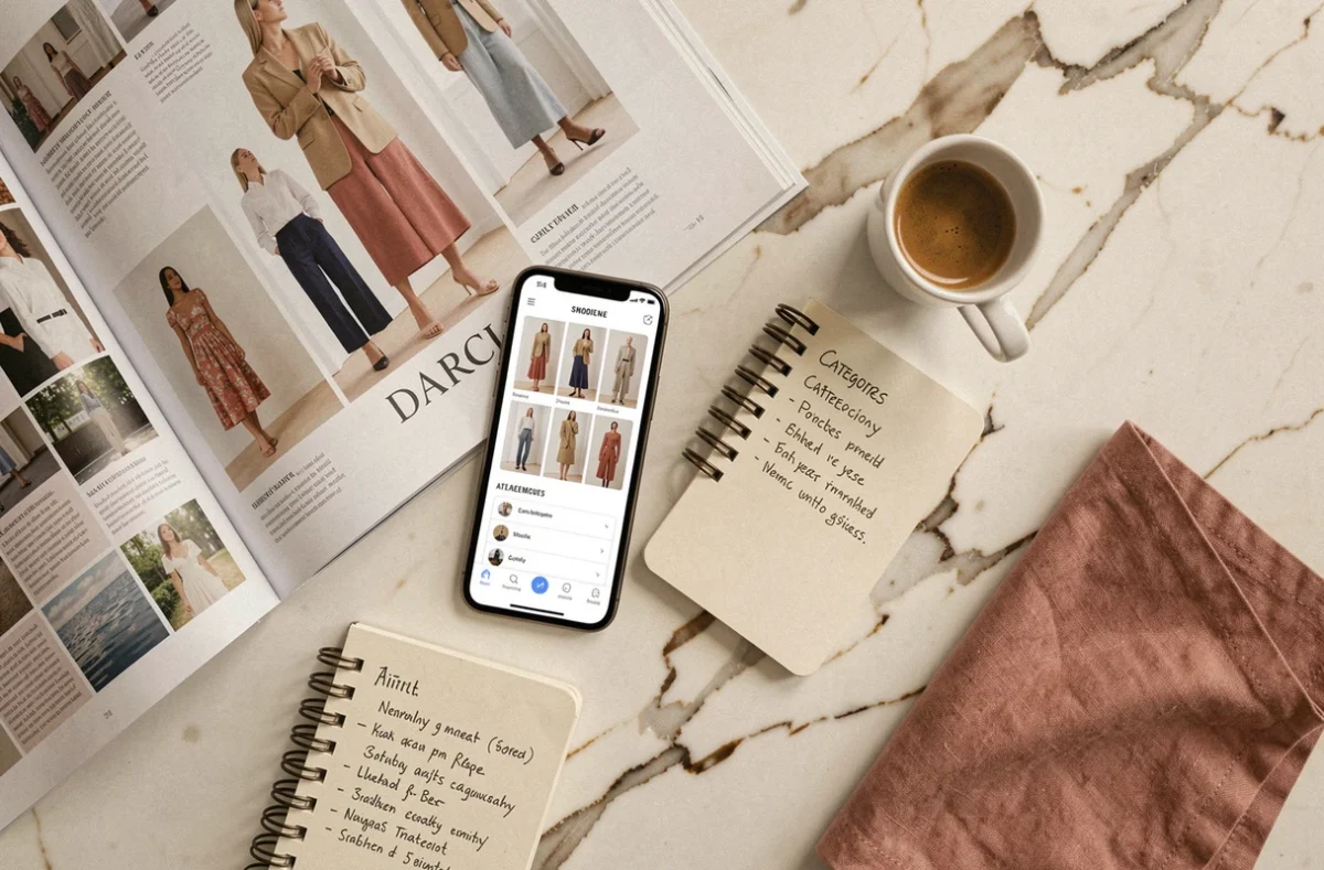 Vue aérienne d'un bureau stylé avec smartphone affichant le plan de site d'une boutique de mode en ligne