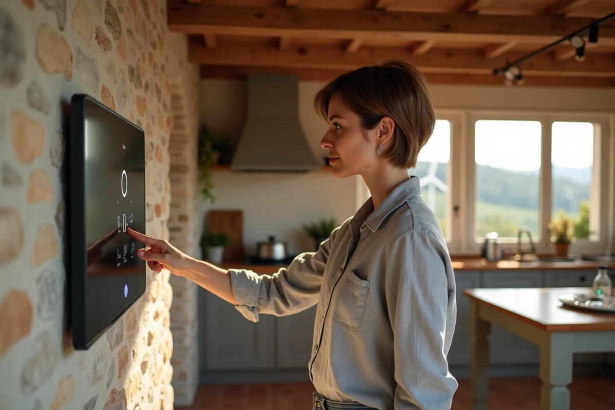Femme utilisant un système de gestion d'énergie domestique dans une maison rurale française