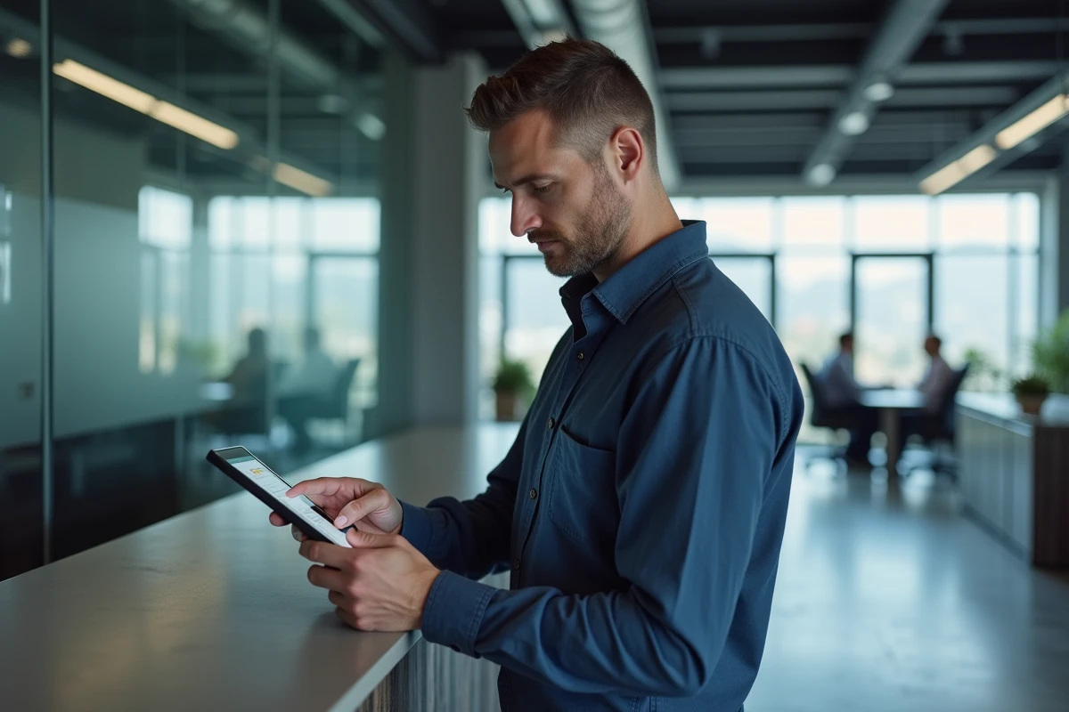 Professionnel consultant les guides et tutoriels Onflex sur une tablette dans un espace de travail collaboratif