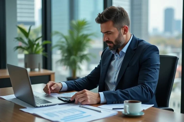 Homme d'affaires en costume bleu analysant des rapports financiers