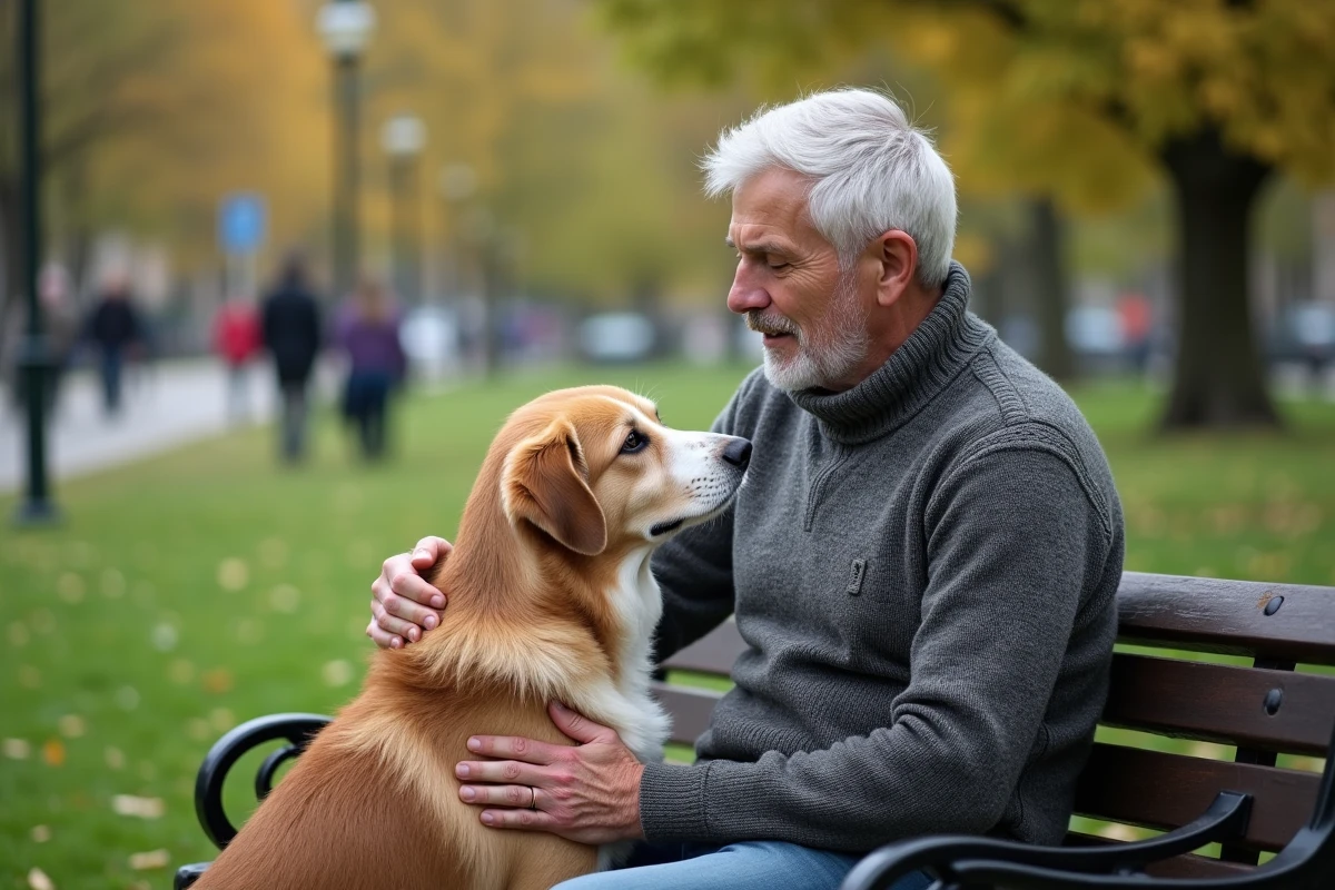 Homme âgé caressant son chien dans un parc urbain verdoyant
