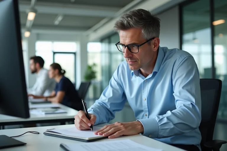 Homme de bureau concentré écrivant des calculs d'heures