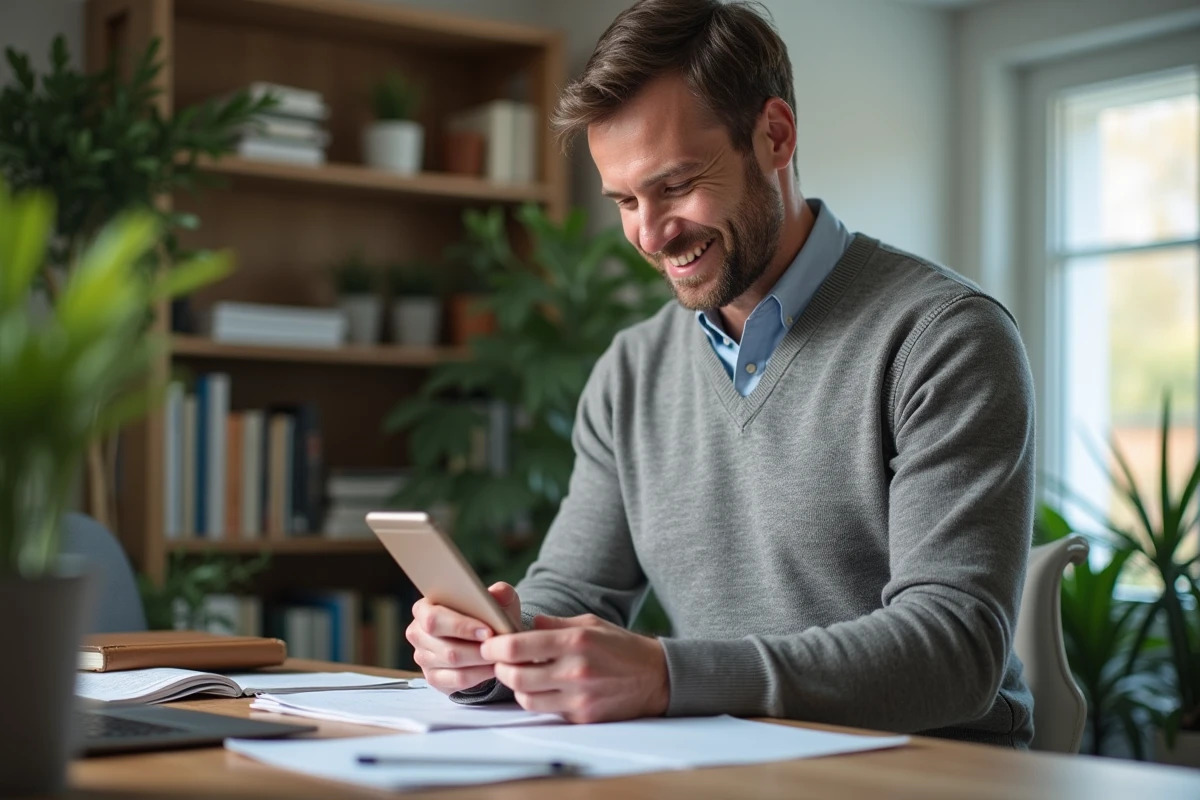 Homme vérifiant ses factures sur son smartphone dans un bureau
