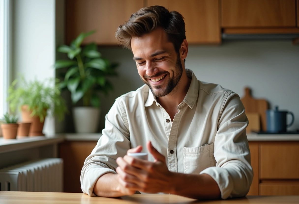 Homme appliquant une creme dans une cuisine lumineuse