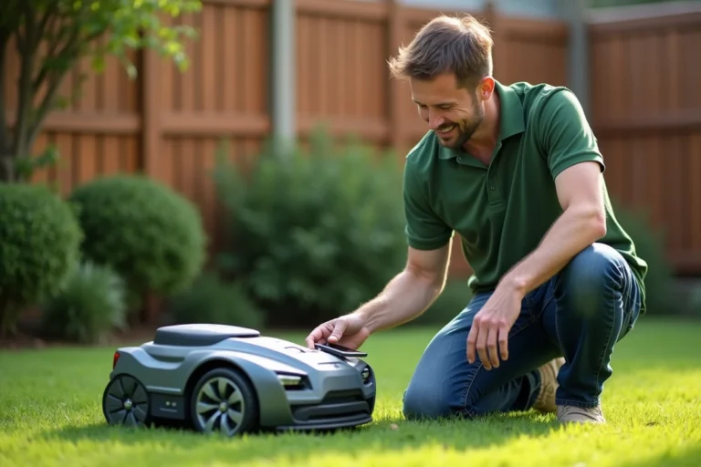 Homme d'âge moyen avec tonte robot dans le jardin