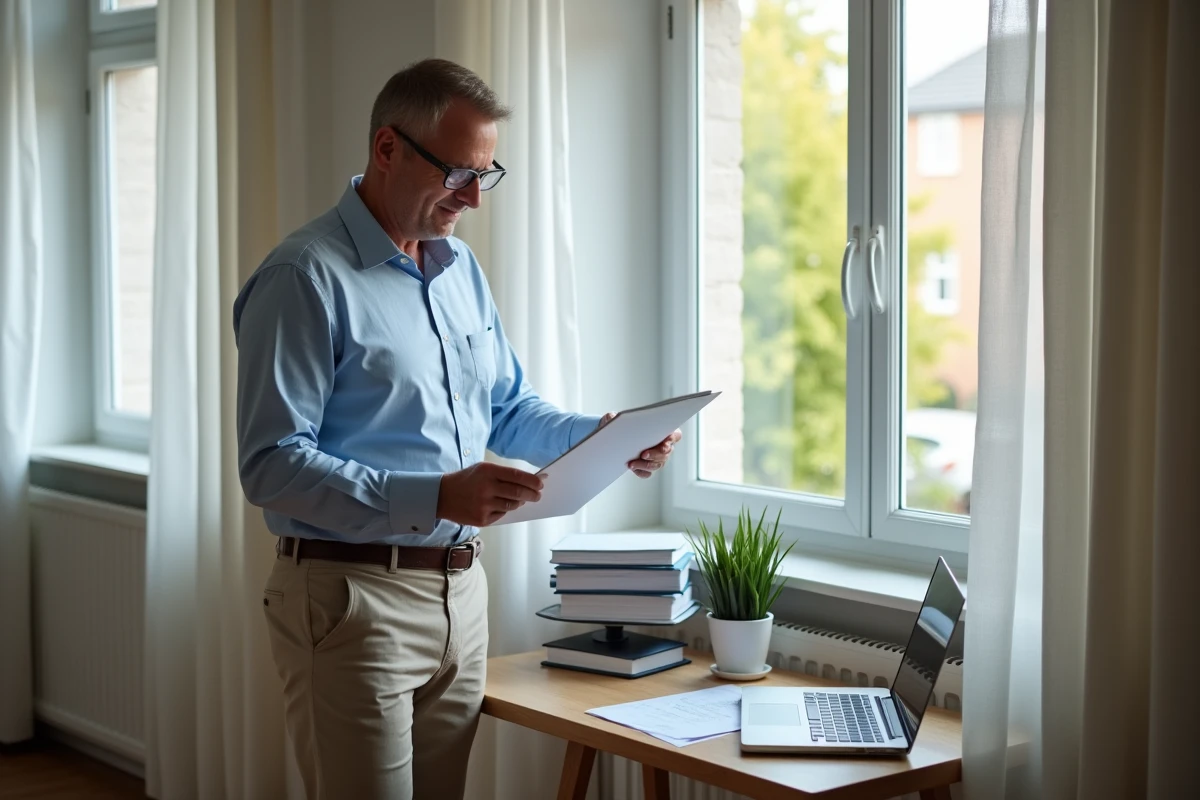 Homme lisant un document dans un bureau à domicile